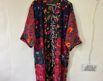 Long Phulkari Duster Jacket, Kimono Cardigan