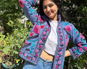 Handmade Suzani Embroidered Jacket: Traditional Floral Cotton Coat