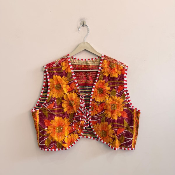 Vintage Handmade Kantha Vest: Reversible Cotton Waistcoat