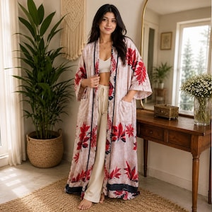 New Vintage Stylish Patchwork Silk Long Kimono Robe, Women Beach Cover Up