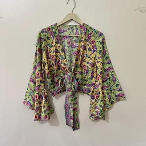 Eco Bell Sleeve Smoky Top Vintage Style Bell Sleeves Silk Wrap Top Women Wrap Around Silk Tunic Top for Summer