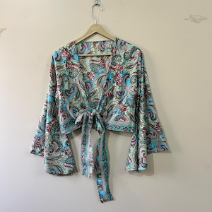 Indian Vintage Silk Tie Top, Wrap Top, Women Bell Sleeve Front Tie Pattern Silk Top Women Blouse