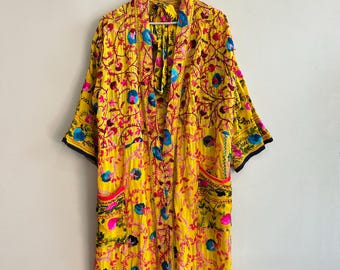 Handmade Embroidered Phulkari Kimono Jacket: Indian Duster Robe