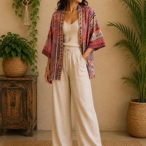 Può includere: Un kimono a maniche lunghe aperto sul davanti con un motivo patchwork multicolore nei toni del rosso, arancione e blu, indossato sopra una canotta a coste color crema e pantaloni a gamba larga a vita alta con coulisse beige neutro.