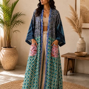 Kimono vintage de seda pura: pareo playero de retazos