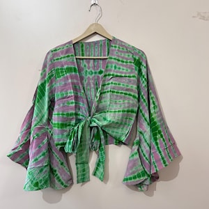 Upcycled Silk Crop Top: Vintage Crepe Saree Wrap, Boho Bell Sleeves