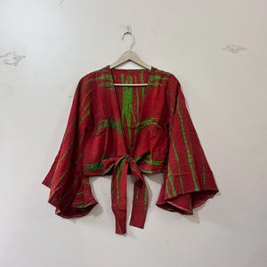 Long Bell Sleeve Indian Silk Crop Top Wrap Top