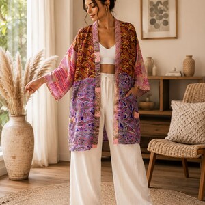 Short Patchwork SIlk Kimono Dress, Bikni Cover Up