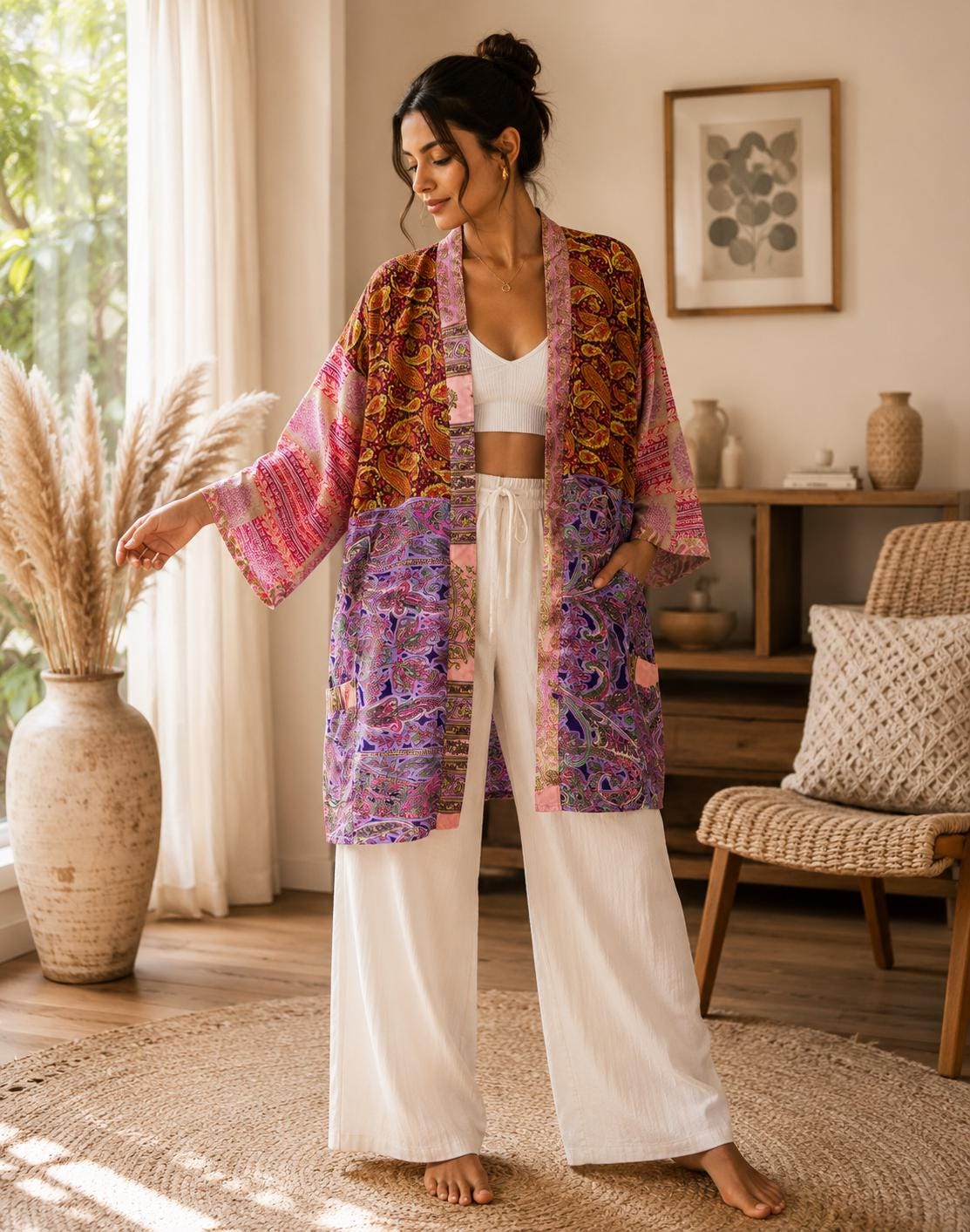 Short Patchwork SIlk Kimono Dress, Bikni Cover Up