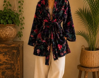 Velvet Short Length Kimono Robe, Winter Jacket,  Kimono Cardigian