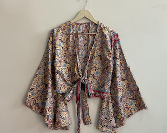 Vintage Silk Sari Crop Top - Bell Sleeve Wrap