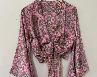 Vintage Indisches Seiden-Wickeltop: Bluse mit Glockenärmeln und Schnürung vorne