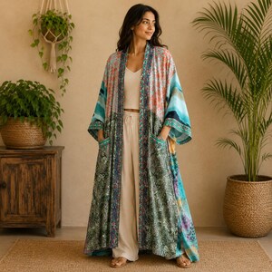 May include: A long, open-front kimono robe featuring a multi-colored pattern with shades of teal, coral, and green. The garment has wide sleeves, two front pockets, and a decorative border trim along the opening. It is worn over a beige tank top and pants.