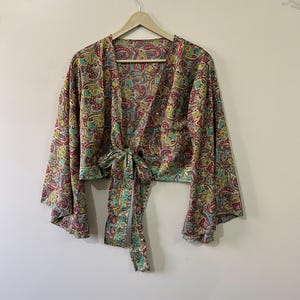 Eco Bell Sleeve Smoky Top Vintage Style Bell Sleeves Silk Wrap Top Women Wrap Around Silk Tunic Top for Summer