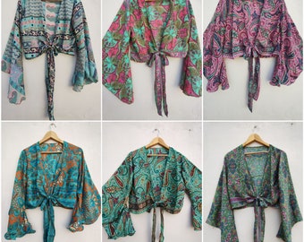 Silk Tie Top: Handgemachtes, indisches Wickeltop mit Trompetenärmeln