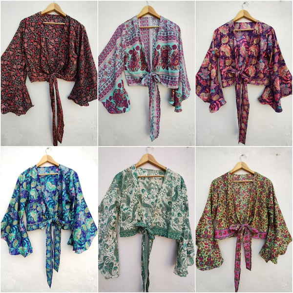 Lot von Frauen Seidenkrawatte Top, indische Seide Wrap Top, Handgemacht Boho Hippie Front Tie Sommer Top, Bell-Sleeve Top