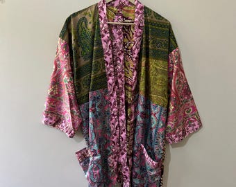 Vintage Patchwork Silk Kimono Robe: Short Summer Cardigan