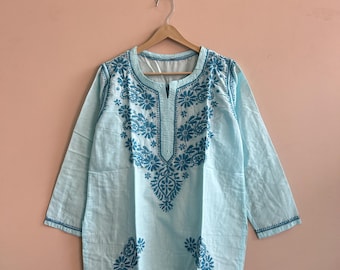 Embroidered Cotton Kurti: Ethnic Indian Tunic, Chikankari Design