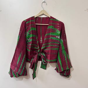 Upcycled Silk Crop Top: Vintage Boho Bell Sleeve Wrap Top
