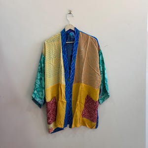 Patchwork Crepe Silk Short Kimono Robe Lounge Wear Summer Dress