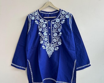 Handbesticktes Baumwoll-Kurti: Indisches ethnisches Tunika-Top
