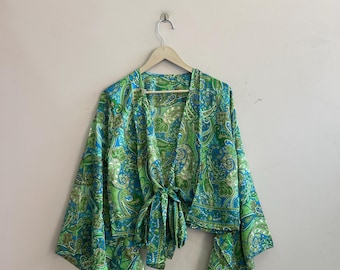 Vintage Indian Silk Tie Top: Bell Sleeve Wrap Blouse