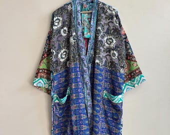 Indian Silk Kimono robe Patchwork Vintage Boho kimono Duster Jacket