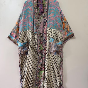 Patchwork Silk Kimono Robe: Boho Duster Jacket, Beach Cover-Up