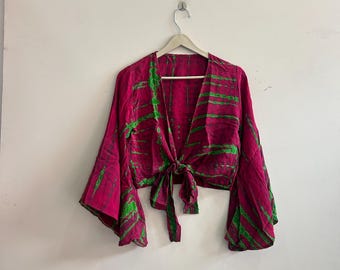 Vintage Silk Tie Top: Boho Bell Sleeve Wrap - Indian Sari Fabric
