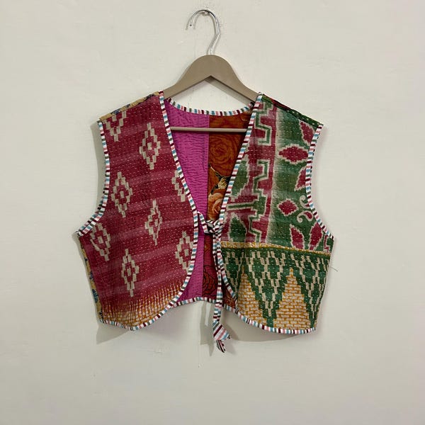 Vintage Handmade Kantha Vest: Reversible Cotton Waistcoat