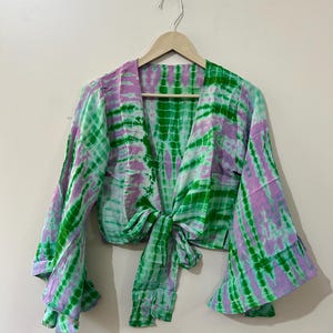 Long Bell Sleeve Indian Silk Crop Top Wrap Top