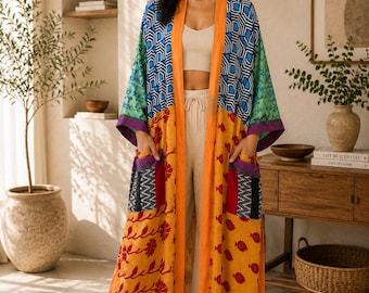 Vintage  Silk Kimono Robe: Long Dressing Gown, Summer Beach Cover Up