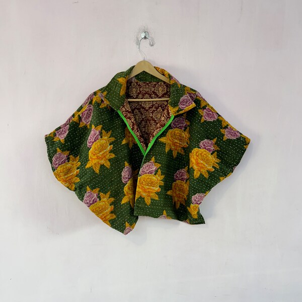 Indian Handmade Kantha Jacket ,  Reversible Jacket ,  Vintage Kantha Jacket , Short Length One size Open Coat