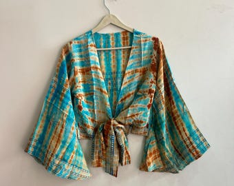 Vintage Silk Crop Top: Bell Sleeve Tie Front - Indian Sari Fabric