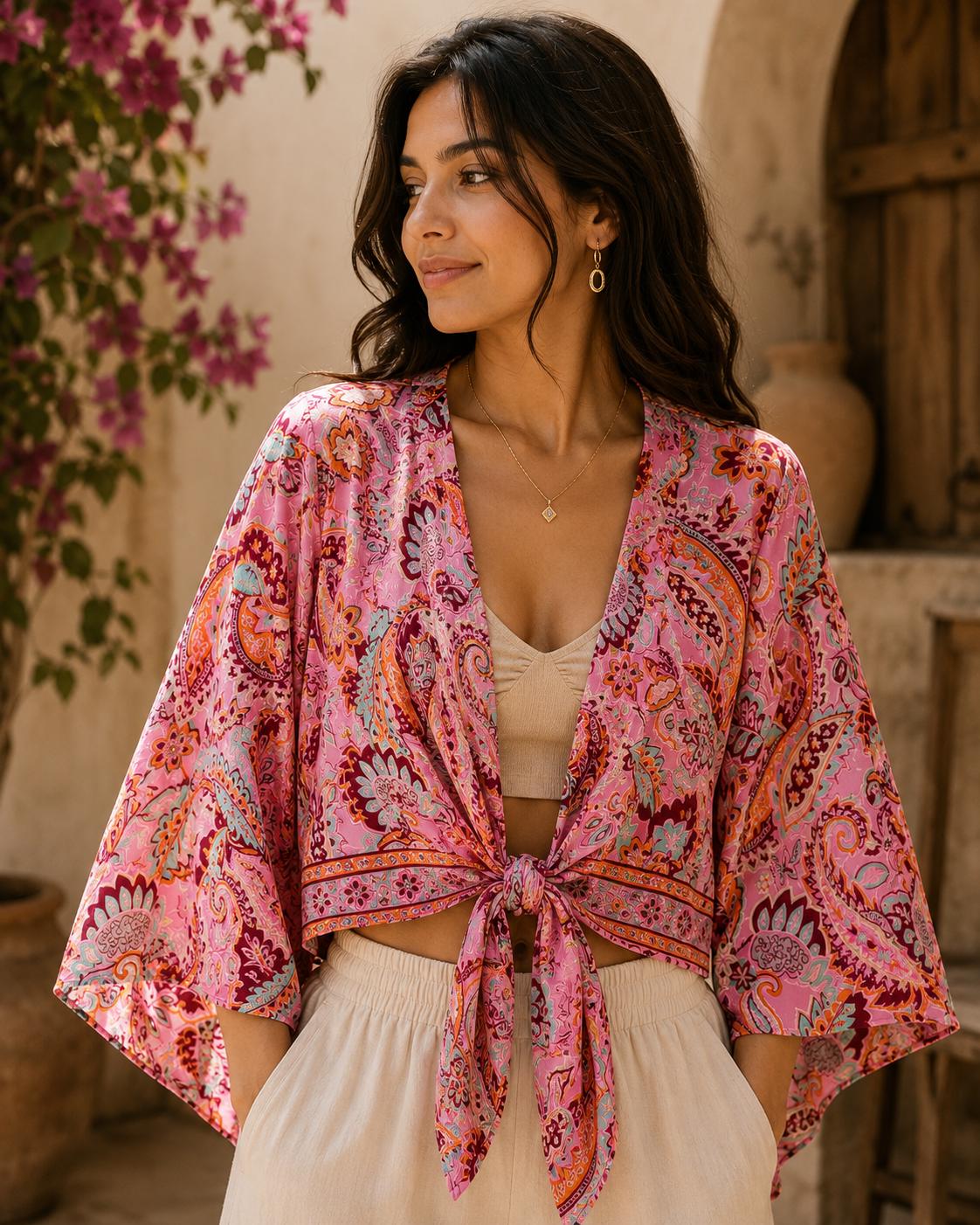 Silk Saree Crop Top For Women, Boho Bell Sleeves Top