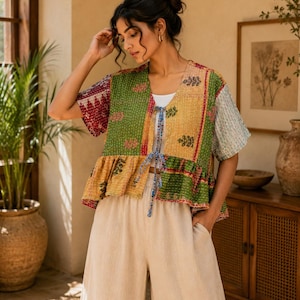 Pode incluir: Um casaco de manga curta aberto à frente com um design de patchwork em painéis de tecido verde, amarelo e bordeaux. A peça tem uma bainha com folhos, um fecho de atar no decote com tecido azul estampado e costuras brancas visíveis.