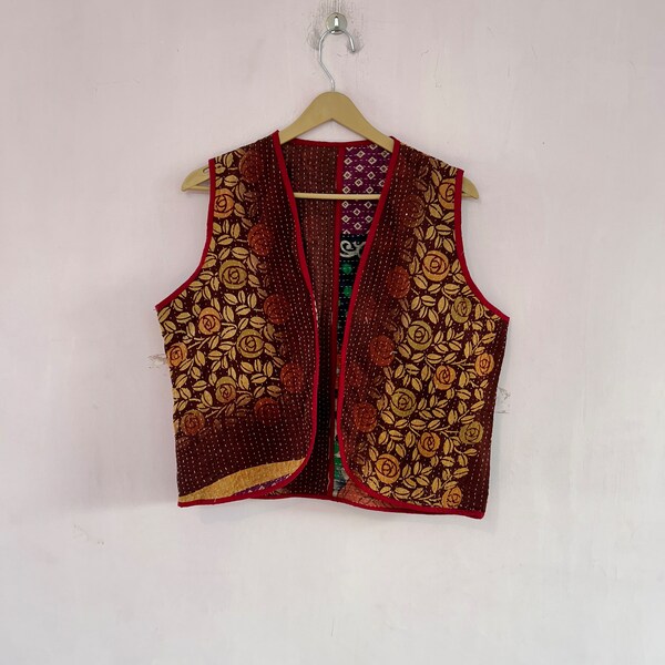 Vintage Handmade Kantha Vest Jacket , Unisex Waistcoat, Cotton Kantha Jacket