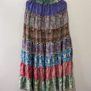 Boho Patchwork Silk Maxi Skirt: Elastic Waist, Fits Up To 40&quot;
