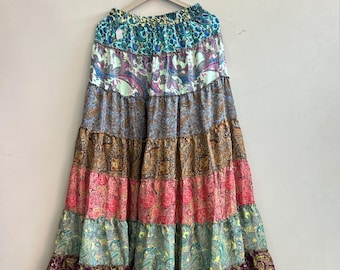 Boho Hippie Silk Maxi Skirt: Ruffle Patchwork, Fits Up To 40" Waist
