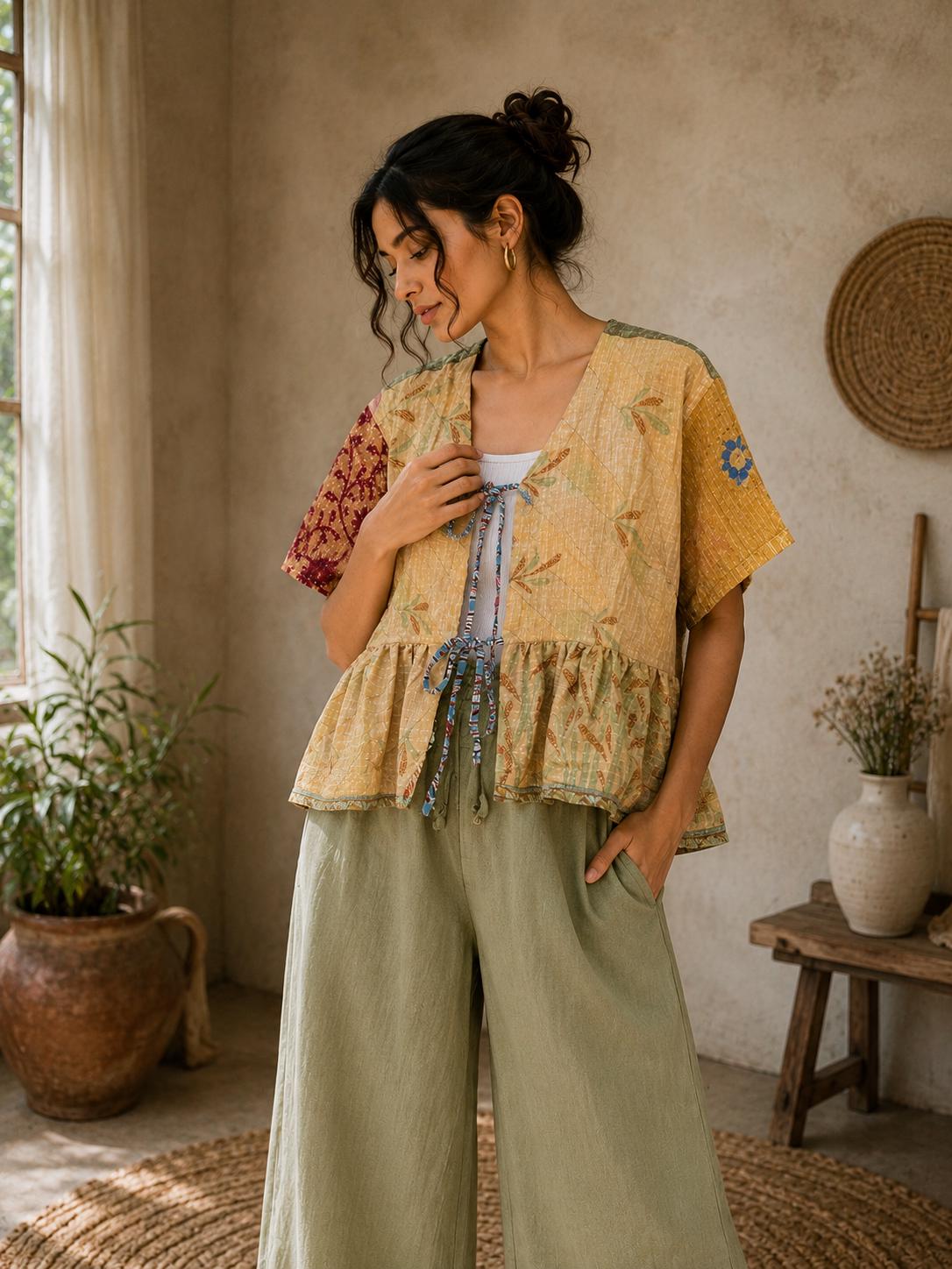 Unique Kantha Top, Handmade Indian Patchwork Blouse, Boho Cotton Shirt, Upcycled Artisan Clothing
