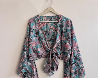 Vintage Indian Silk Tie Top: Bell Sleeve Wrap Blouse