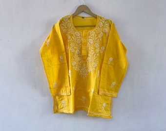 Camicetta Kurti da donna ricamata in cotone indiano, top e magliette, tunica in cotone