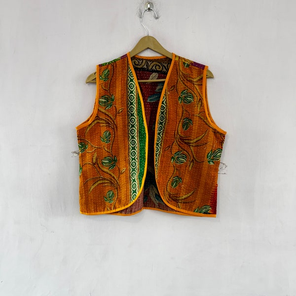 Kantha Vest Jacket , Short Length Kantha Waistcoat , Cotton Kantha Vintage Jacket