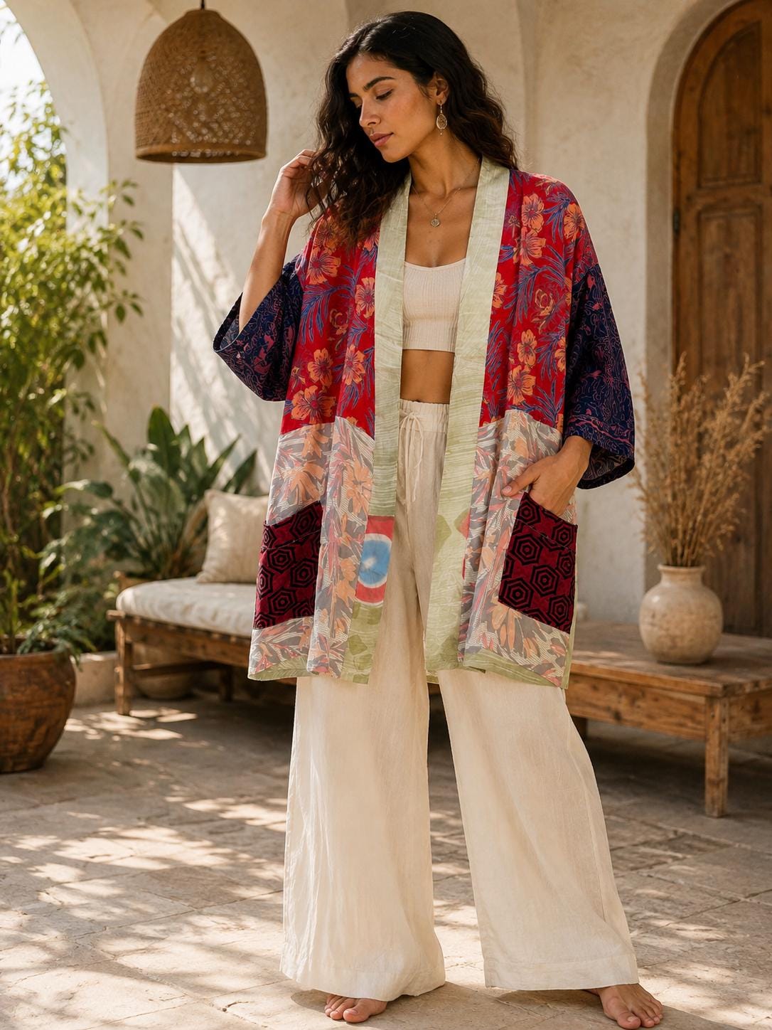 Vintage Crape Silk Patchwork Kimono Robe, Beach Cover Up, Summer Cardigan