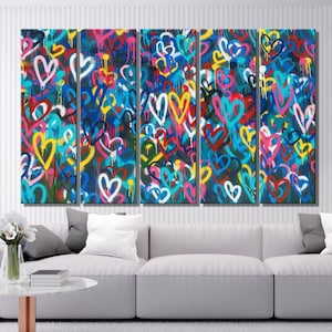 Banksy Colorful Heart Canvas Print - Graffiti Street Art, Urban Style Wall Decor, Colorful Hearts Poster Art for Home Decor