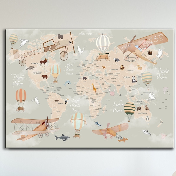 Animals World Map Canvas / Tutorial Table For Nursery / Preschool Learning Education Canvas / Animals in The World / Learning by Myself Set