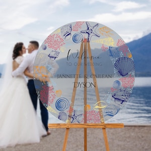 ANTEPRIMA GRATUITA Cartello di benvenuto rotondo in acrilico trasparente con stampa UV / Cartello di benvenuto speciale per matrimonio con stella marina e corallo / Decorazione per matrimonio in acrilico Fth