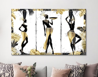Black and Gold African Woman Canvas Print, Afrocentric Wall Art