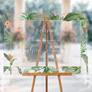 Cartello di benvenuto per matrimonio in acrilico con motivo floreale tropicale