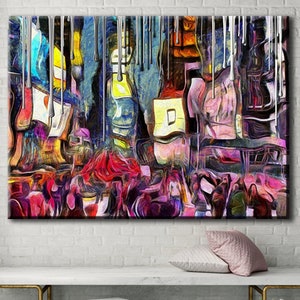 May include: Abstract painting with vibrant colors, including pink, purple, blue, yellow, and red. The painting features a dripping effect, creating a dynamic and textured look.